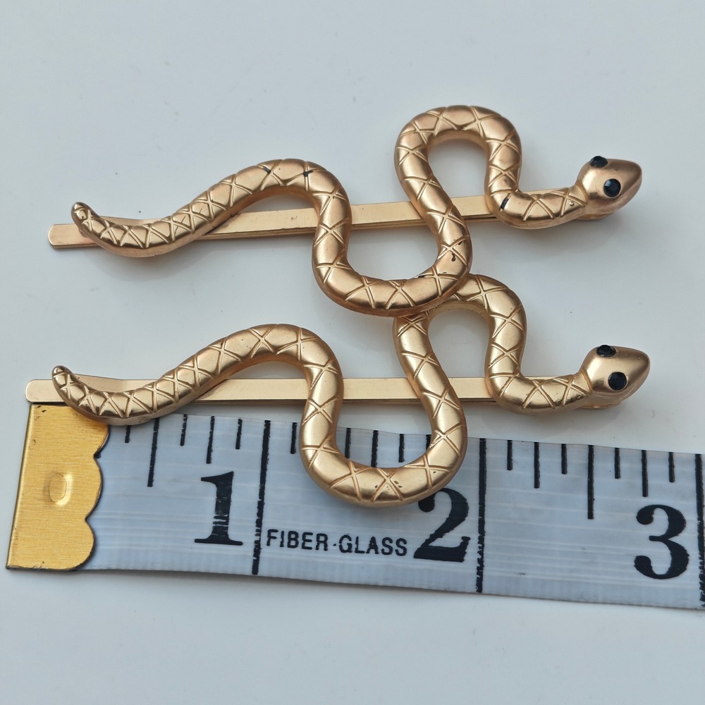 Gold Snake Hair Pins Set Black Rhinestone Eye Serpent Bobby Clips 2pc - Picture 5 of 5